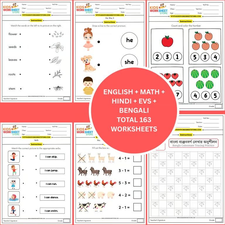 worksheets pack for nursery (math, english, hindi, evs, bengali & colouring) (age 3+) | 163 pages