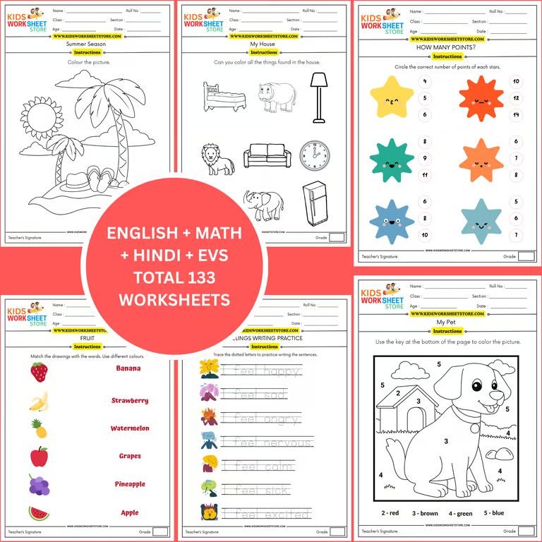 worksheets pack for nursery (math, english, hindi, evs & colouring) (age 3+) | 133 pages