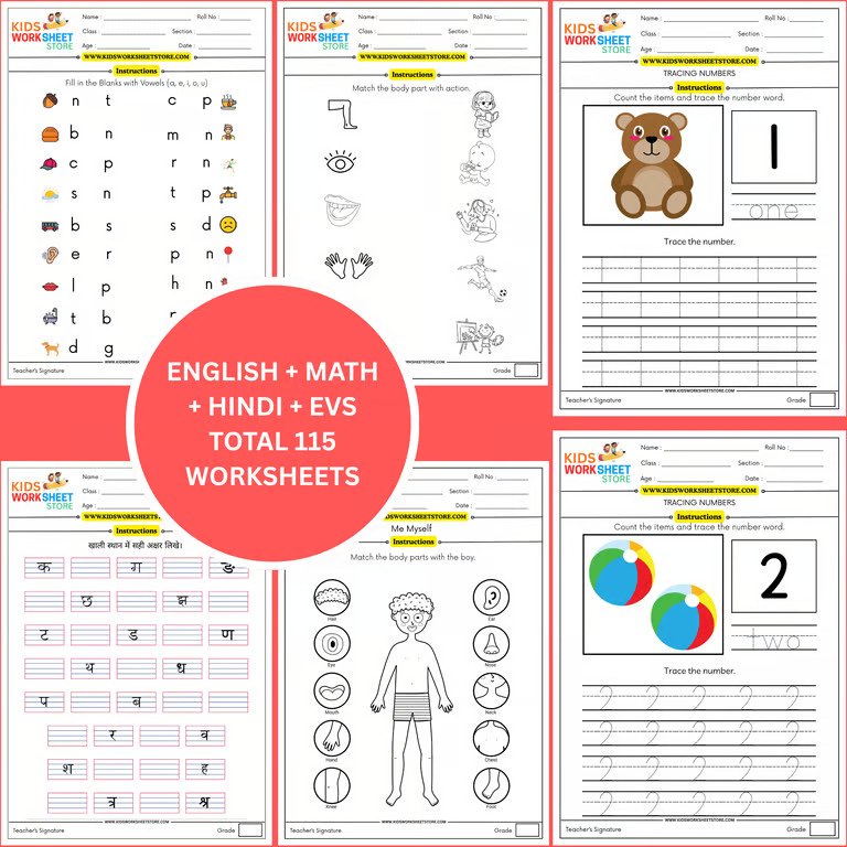 worksheets pack for lkg (math, english, hindi, evs & colouring) (age 3+) | 115 pages