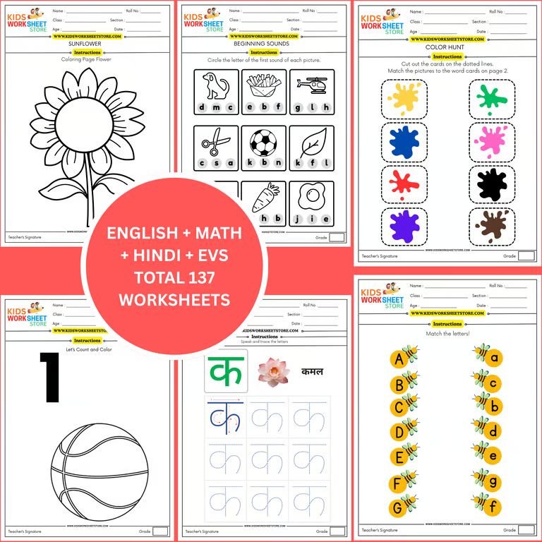 worksheets pack for playgroup (math, english, hindi, evs & colouring) (age 2+) | 137 pages