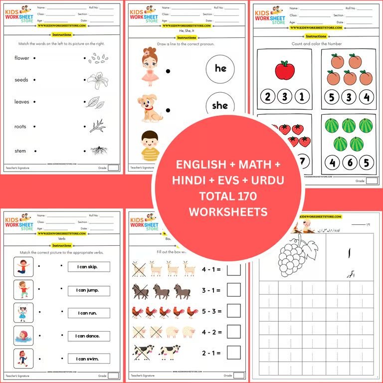 worksheets pack for nursery (math, english, hindi, evs, urdu & colouring) (age 3+) | 170 pages